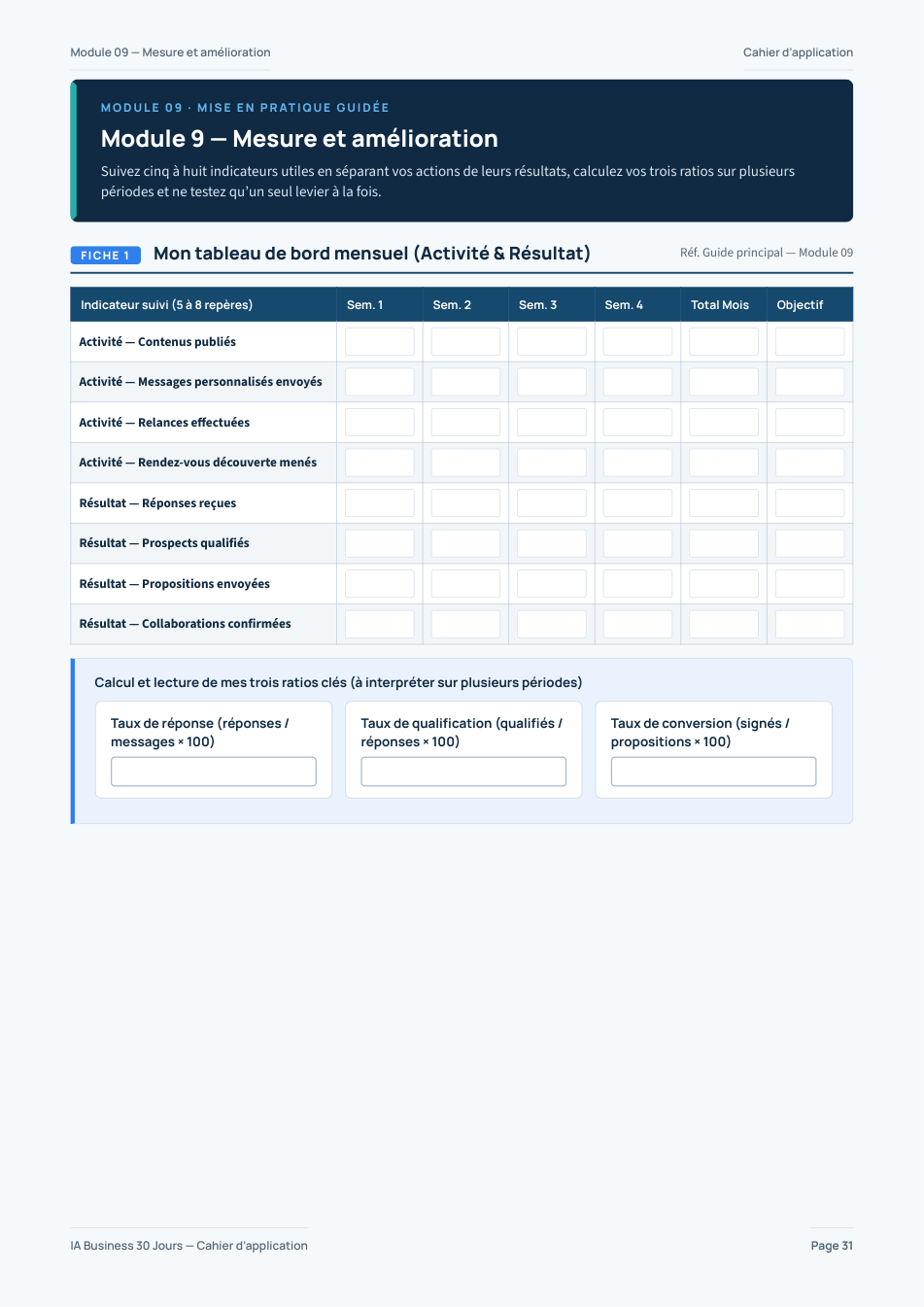 Aperçu intérieur du Cahier d'application — Tableau de bord mensuel interactif