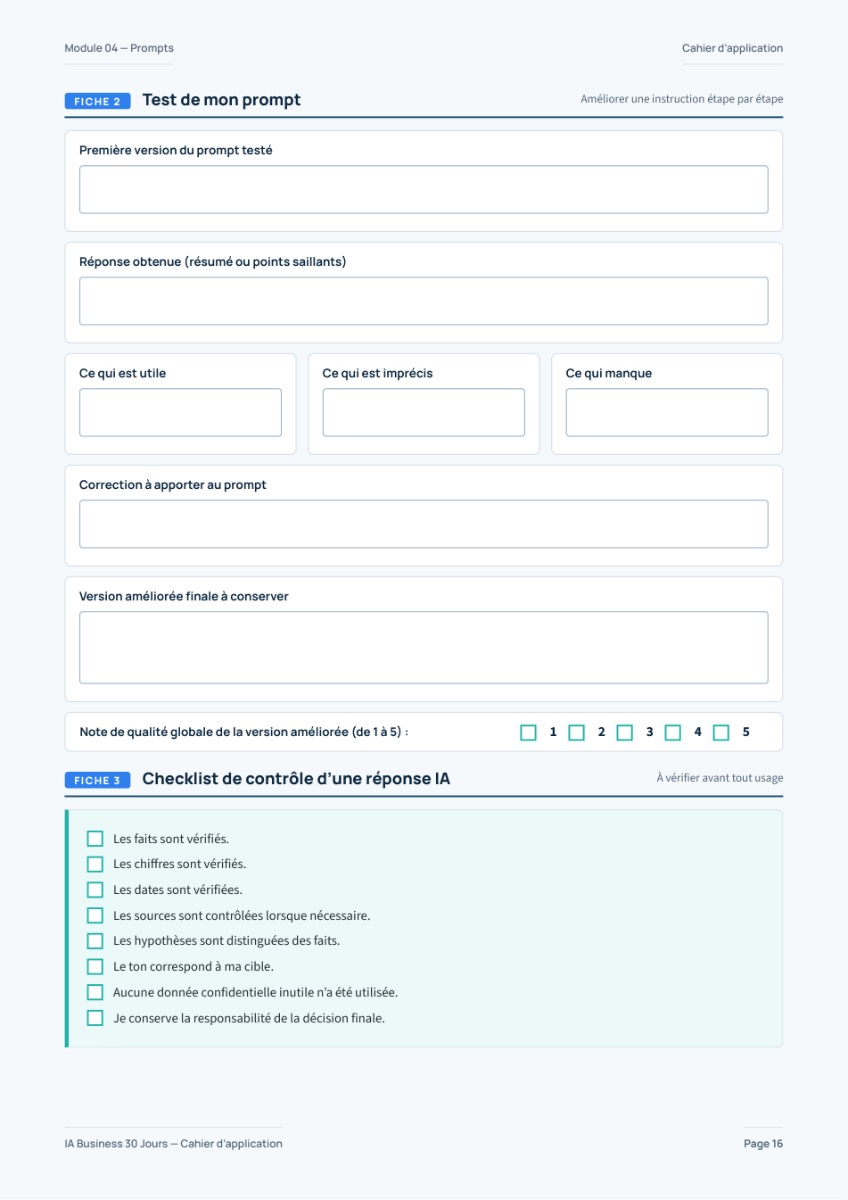 Aperçu intérieur du Cahier d'application — Laboratoire de test de prompt et checklist
