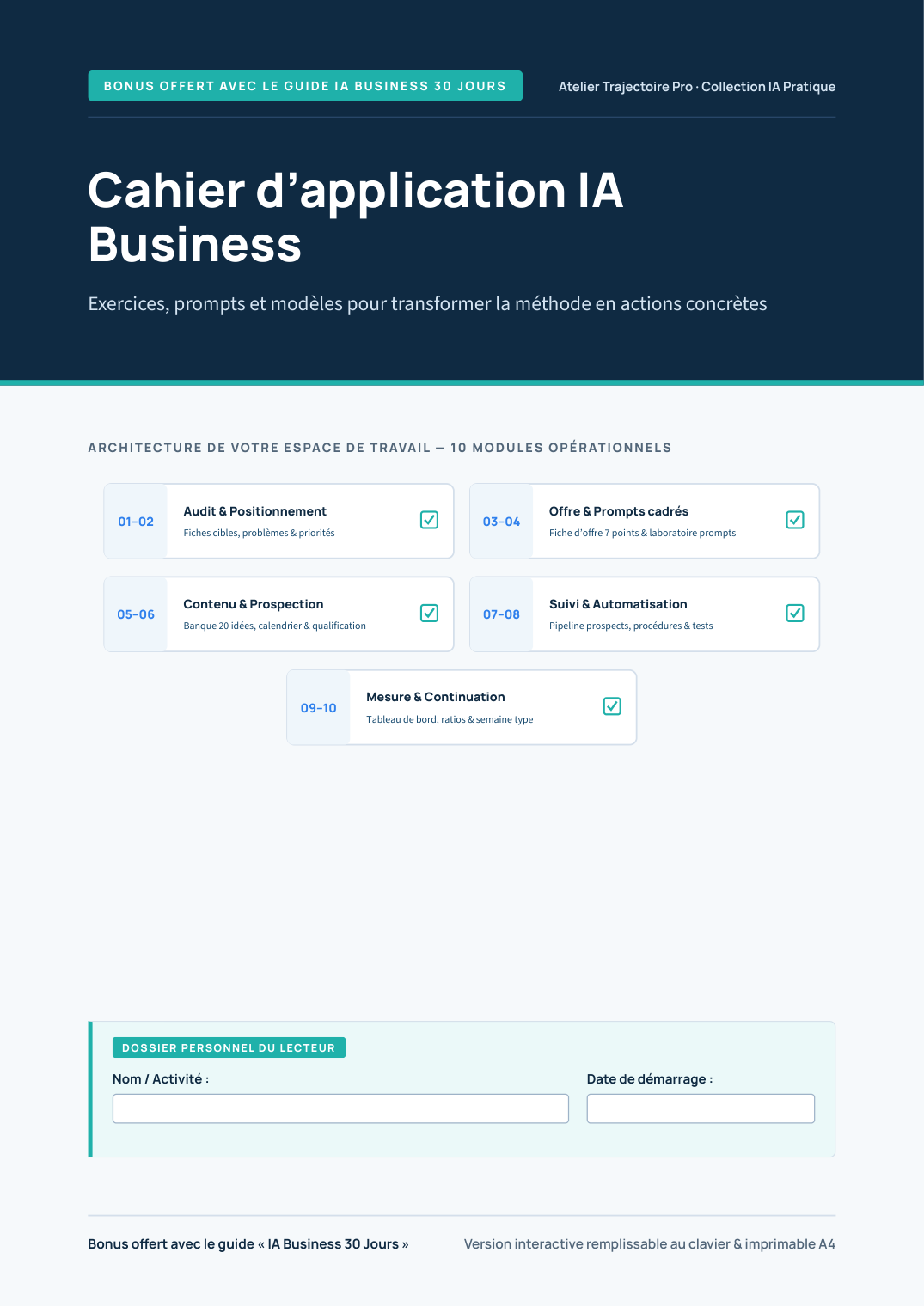 Couverture du Cahier d'application IA Business offert en bonus (35 pages)